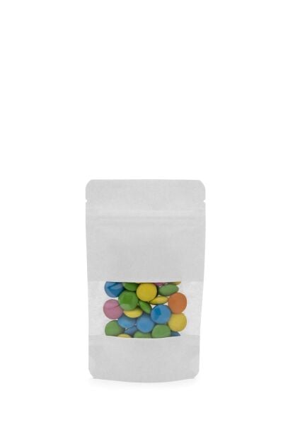 Pencereli Beyaz Kraft Kilitli Doypack Ambalaj 11x18,5+3,5 cm-100 gr.