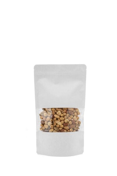Pencereli Beyaz Kraft Kilitli Doypack Ambalaj 13x22,5+3,5 cm-250 gr.