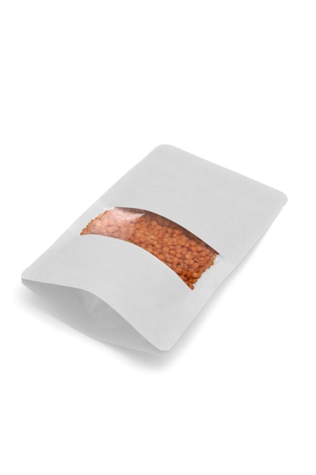 Pencereli Beyaz Kraft Kilitli Doypack Ambalaj 13x22,5+3,5 cm-250 gr. 50 Adet