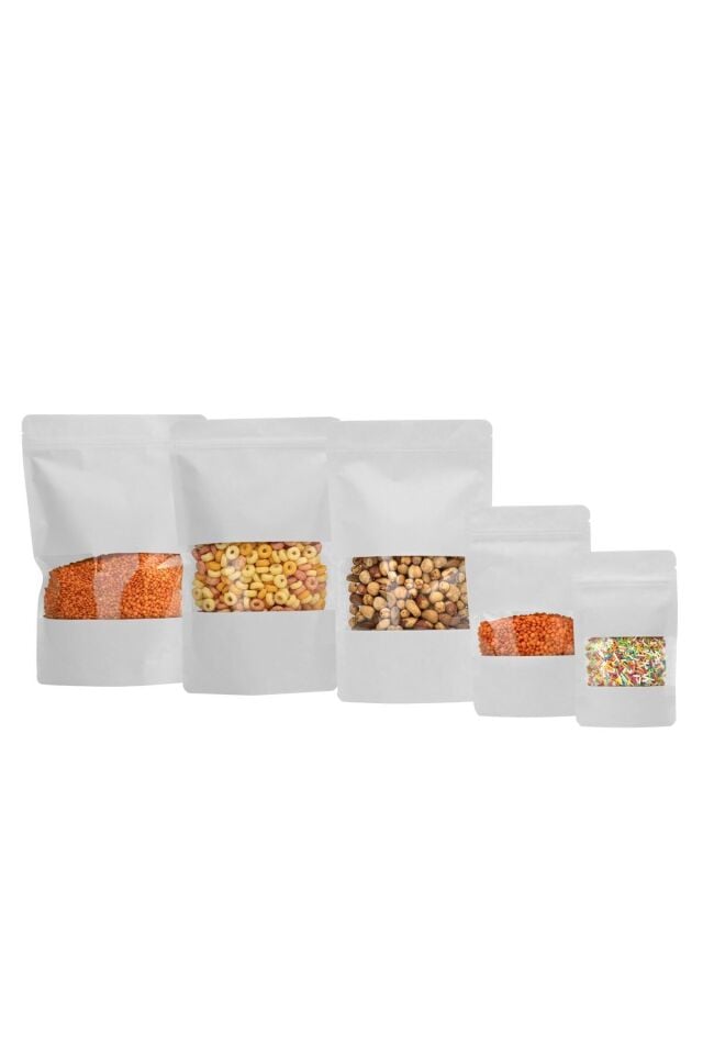 Pencereli Beyaz Kraft Kilitli Doypack Ambalaj 13x22,5+3,5 cm-250 gr. 50 Adet