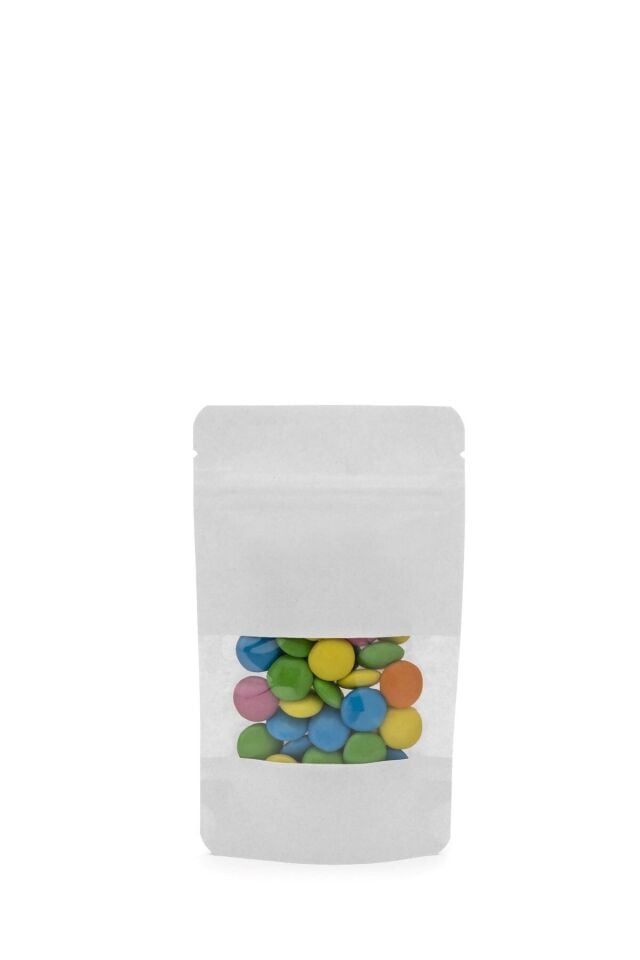 Pencereli Beyaz Kraft Kilitli Doypack Ambalaj 11 x 18,5 + 3,5 cm - 100 gr. 50 Adet