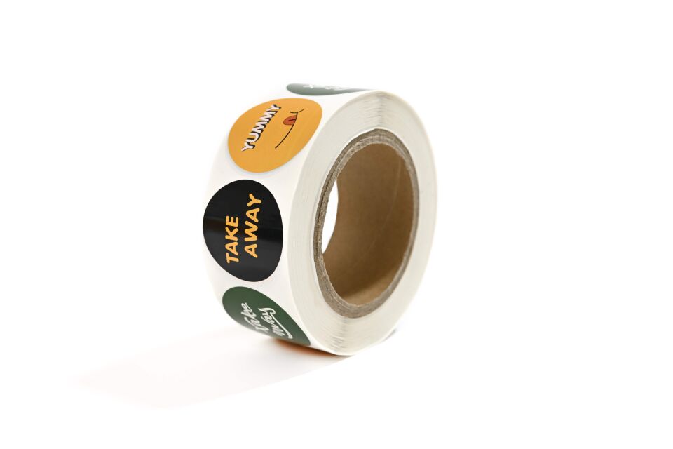Yapışkanlı PP(Film) Etiket 45 mm (Take Away Yeşil + Take Away Siyah + Yummy Turuncu Desenli) 1000'li