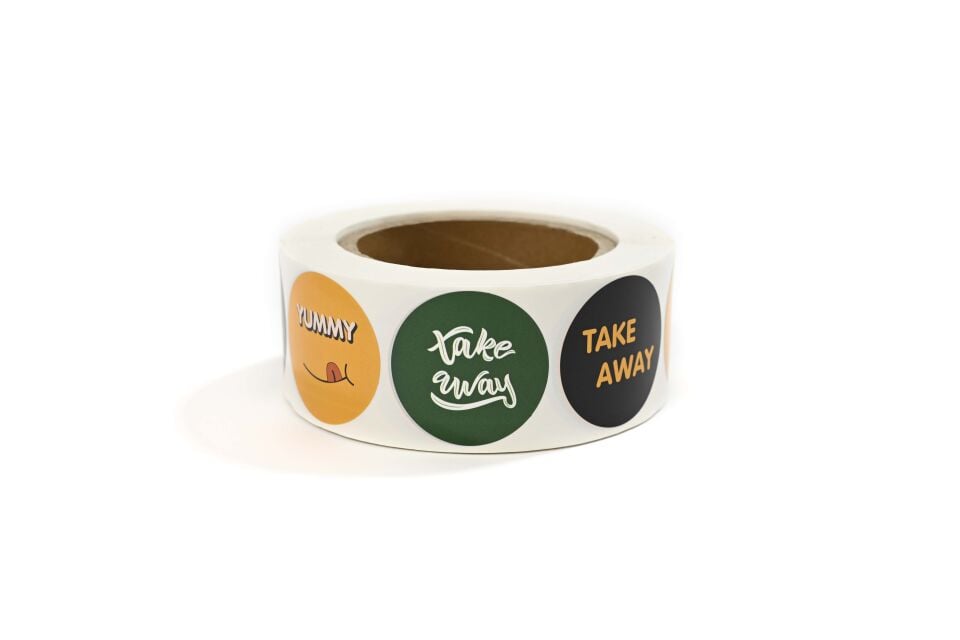 Sticker 45 mm Çaplı (Take Away Yeşil + Take Away Siyah + Yummy Turuncu Desenli) 1.000'li