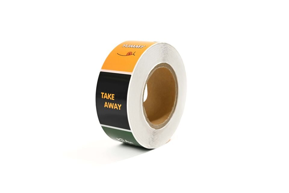 Yapışkanlı Kuşe Etiket 49x70 mm (Take Away Yeşil + Take Away Siyah + Yummy Turuncu Desenli) 1000'li