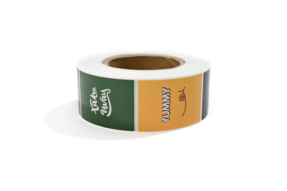 Yapışkanlı Kuşe Etiket 49x70 mm (Take Away Yeşil + Take Away Siyah + Yummy Turuncu Desenli) 1000'li