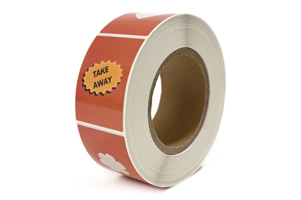 Yapışkanlı Kuşe Etiket 49x70 mm (Yonca + Kalp + Take Away Turuncu Desenli) 1000'li