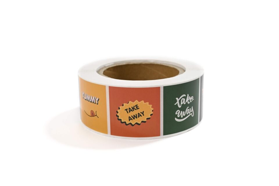 Yapışkanlı Kuşe Etiket 45x45 mm (Take Away Yeşil + Take Away Siyah + Yummy Turuncu + Take Away Kırmızı Desenli ) 1000'li