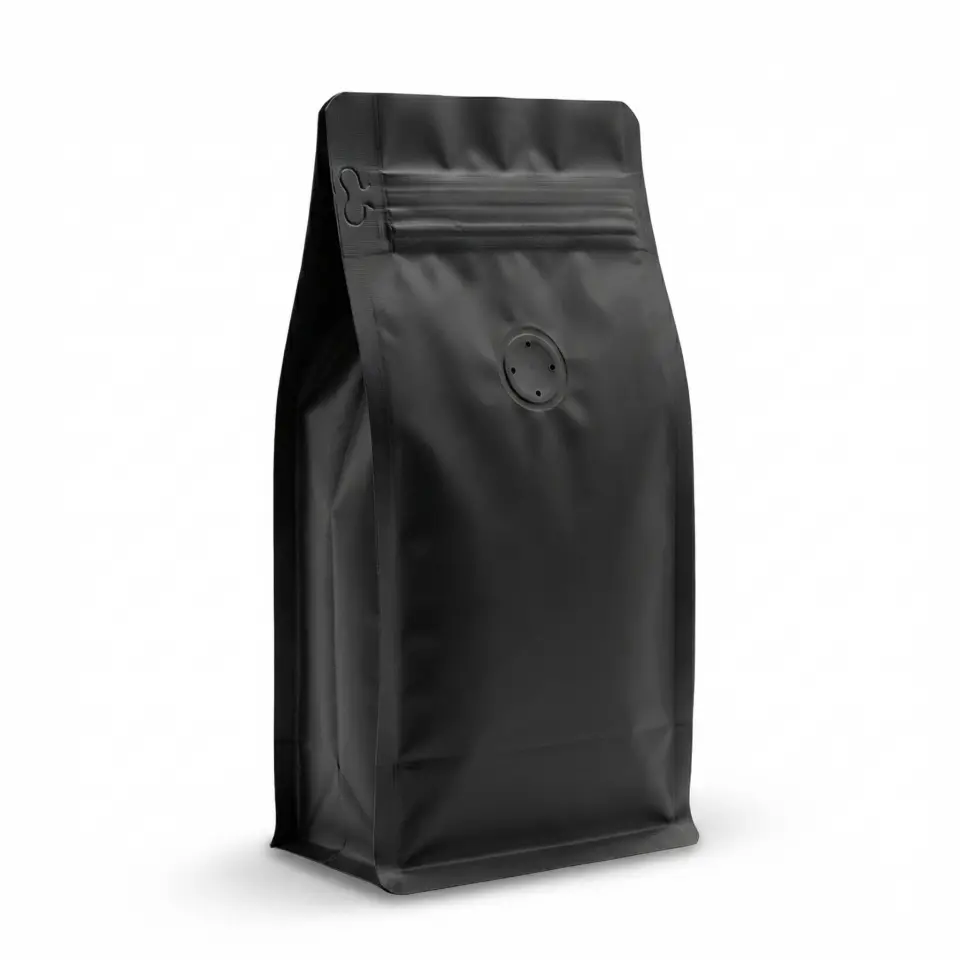 Valfli Flat Bottom Düz Tabanlı Mat Siyah Önden Kilitli Ambalaj 14x33+5 cm-1000 gr 500 Adet