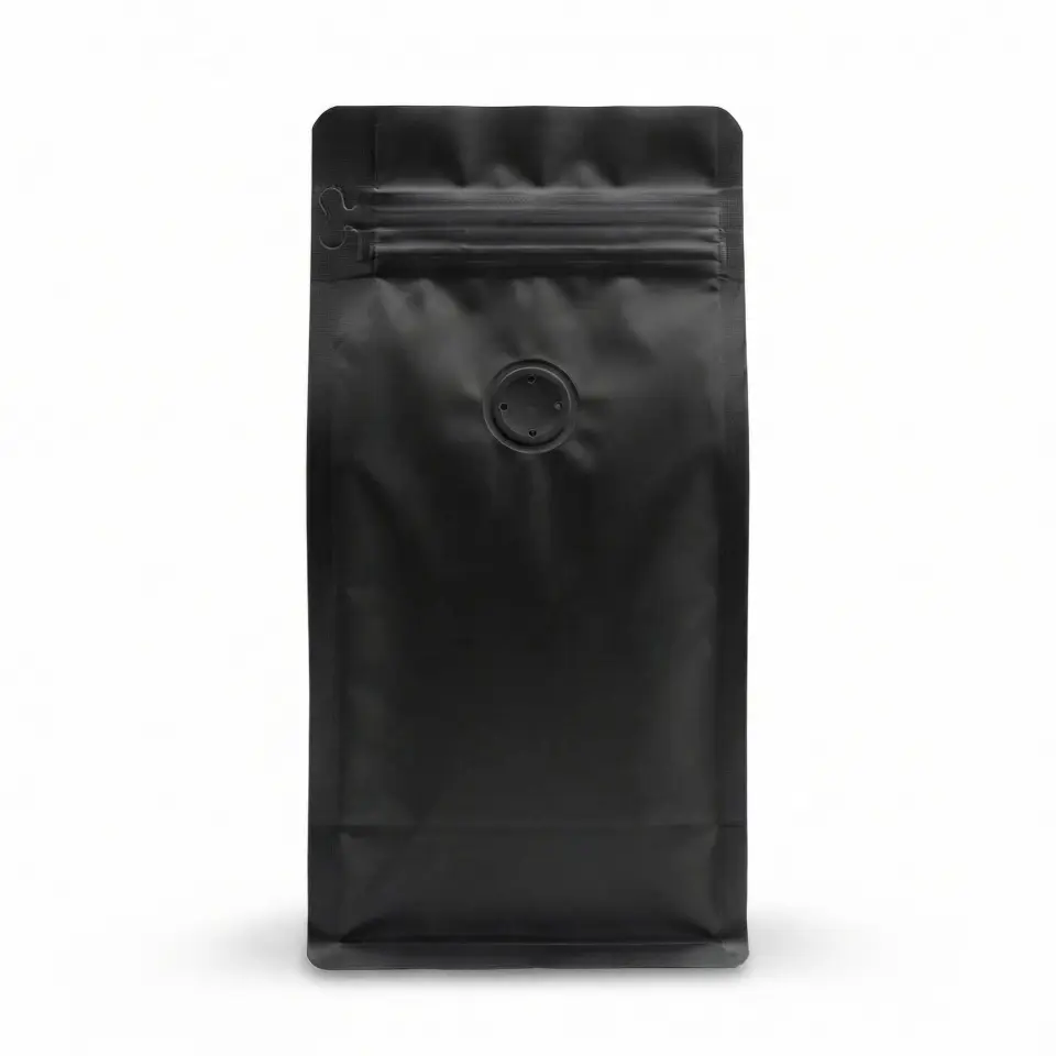 Valfli Flat Bottom Düz Tabanlı Mat Siyah Önden Kilitli Ambalaj 14x33+5 cm-1000 gr 500 Adet